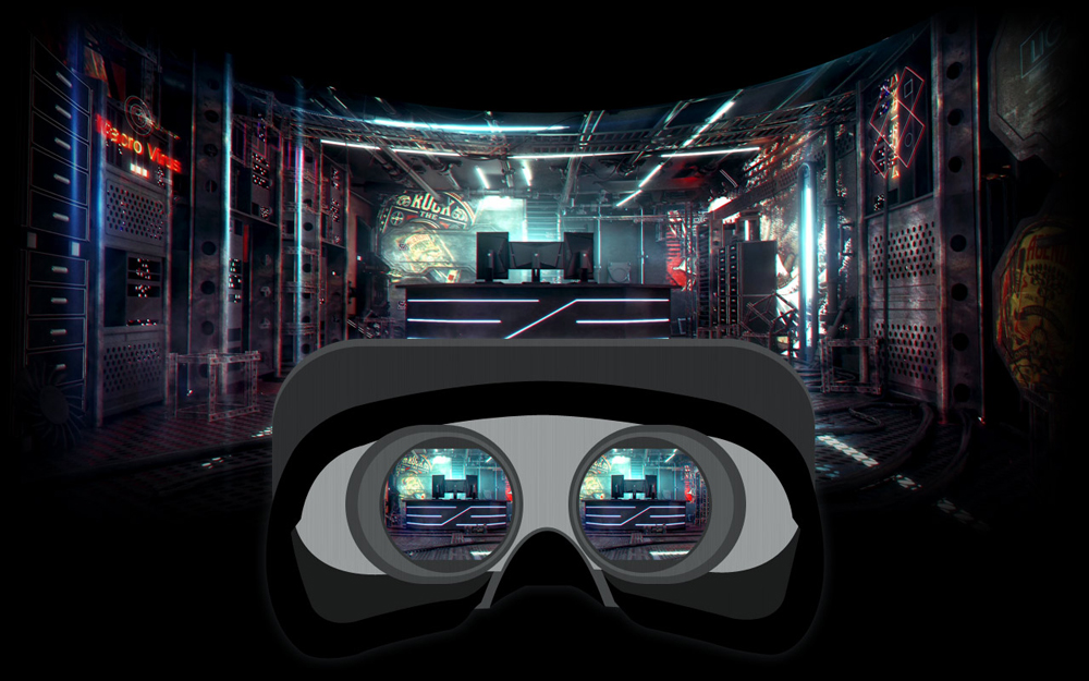 A VR headset, and a desk in the background, with three monitors on the desk